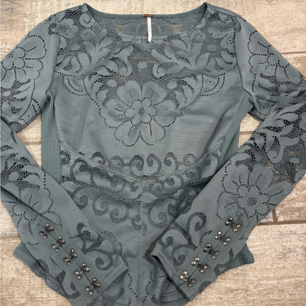 Free People Teal Lace Floral Blouse